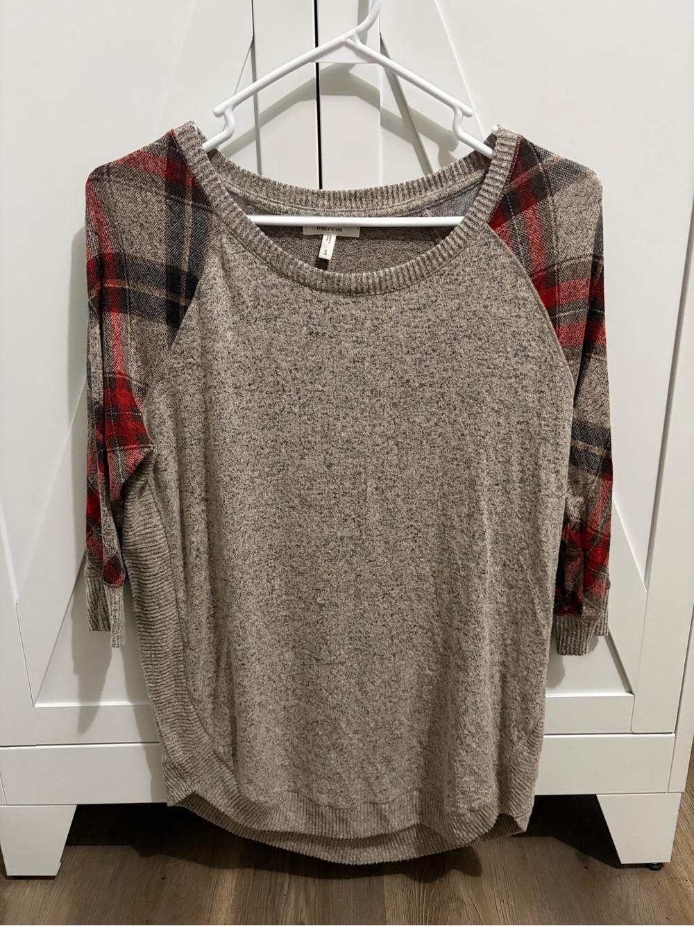 Maurices Beige Raglan 3/4 Sleeve with Red Plaid Sleeves